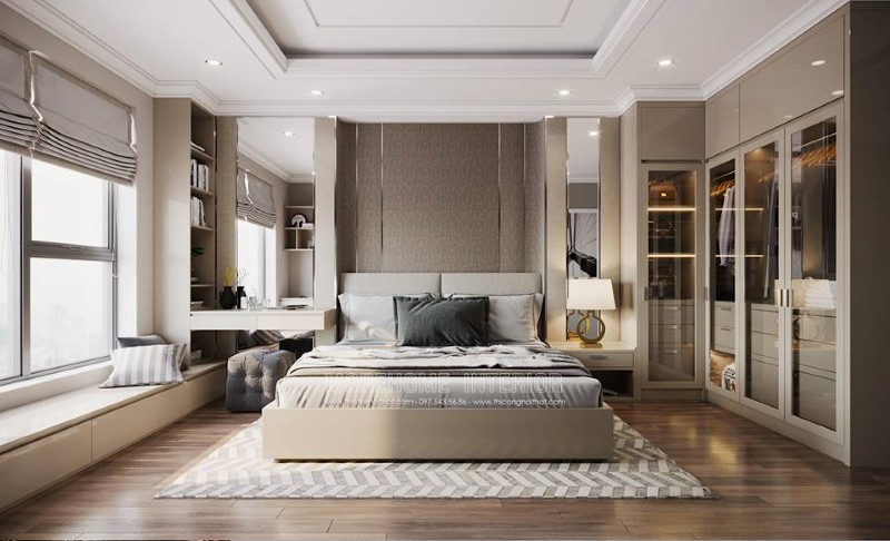 Nội thất phòng ngủ hiện đại với nhiều đồ nội thất đáp ứng đầy đủ nhu cầu sinh hoạt cảu gia chủ