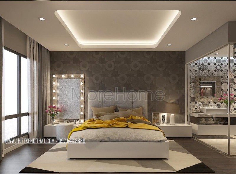 Nội thất phòng ngủ master được sắp xấp, bố trí khéo léo vừa đảm bảo tính công năng lại không làm mất đi vẻ đẹp thẩm mỹ và còn góp phần lớn giúp tiết kiệm không gian.