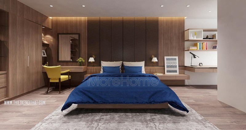 Với chất liệu gỗ đóng vai trò chủ đạo, nội thất phòng ngủ chung cư mang lại sự sang trọng cũng như thoải mái nhất cho gia chủ