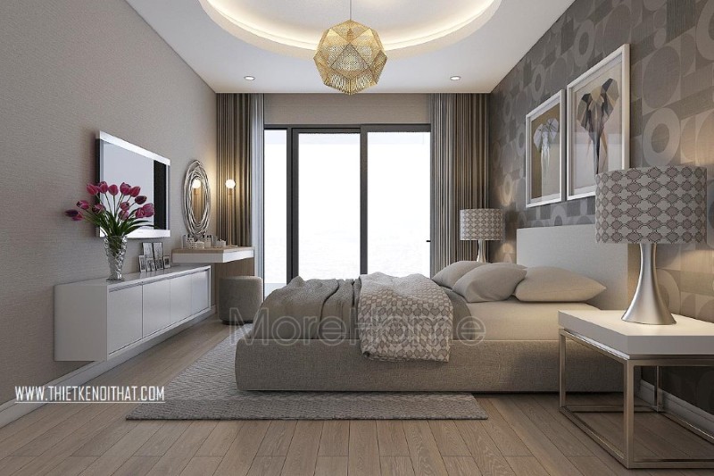Thiết kế nội thất phòng ngủ chung cư hiện đại khoác lên mình lớp vẻ ngoài tinh tế hoàn hảo, tone màu ghi nâu trầm ấm áp mang đến cảm giác gần gũi và an toàn cho gia chủ.