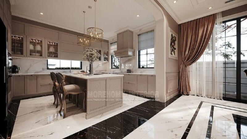Mẫu tủ bếp đảo gỗ tự nhiên gam màu nâu nhạt kết hợp cùng đá ốp lát tạo nên vẻ đẹp nhẹ nhàng, thanh lịch nhưng không kém phần sang trọng tại biệt thự cao cấp Hải Phòng. Những mẫu thiết kế phòng bếp đẹp, hiện đại