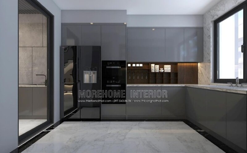Mẫu tủ bếp gỗ công nghiệp acrylic màu xám đẹp mắt trong trang trí nội thất phòng bếp hiện đại sẽ là lựa chọn khá phù hợp với các không gian như chung cư, biệt thự, nhà phố. Thiết kế tủ bếp biệt thự sang trọng