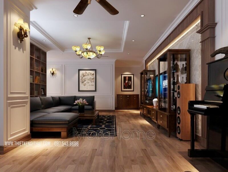 Thiết kế nội thất phòng khách chung cư sang trọng với chất liệu gỗ óc chó tự nhiên nhập khẩu cao cấp Thiết kế chung cư