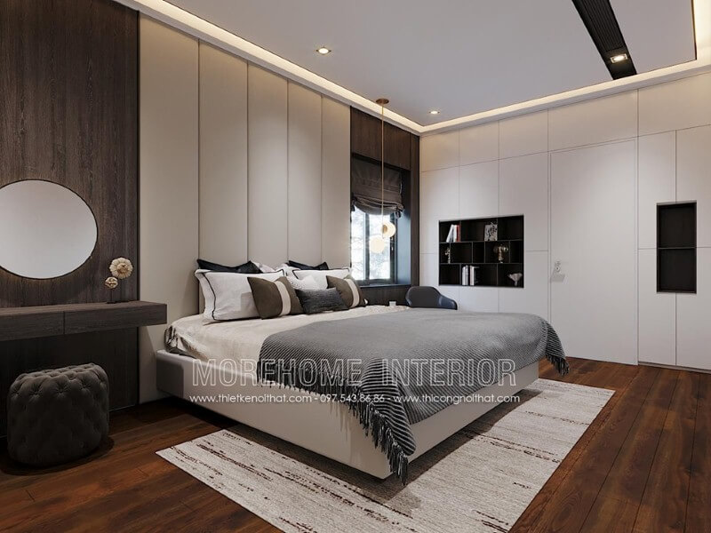 Phòng ngủ độc đáo với nội thất gỗ óc chó từ sàn, tấm ốp tường. Thiết kế phòng ngủ biệt thự