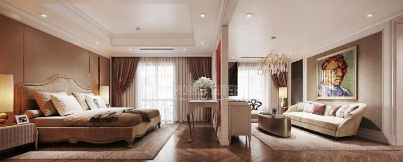 Thiết kế nội thất phòng ngủ master ấn tượng với sự phân tách thành phòng ngủ và phòng giải trí nhưng vẫn tạo nên sự thông thoáng, sang trọng. Thiết kế phòng ngủ biệt thự