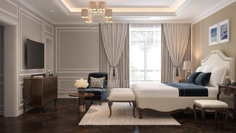 Thiết kế nội thất phòng ngủ master gỗ óc chó mang phong cách tân cổ điển sang trọng, độc đáo. Thiết kế phòng ngủ biệt thự