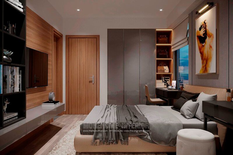 Phòng ngủ được thiết kế với tone màu ấm cúng, những vật dụng nội thất được thiết kế với đèn nét đơn giản sang trọng