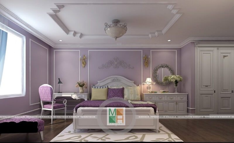 Mẫu thiết kế nội thất phòng ngủ sang trọng với tông màu tím chủ đạo lôi cuốn mọi ánh nhìn.