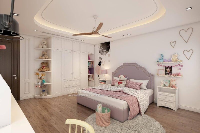 Mẫu tủ quần áo gỗ kết hợp kệ trang trí hiện đại cho phòng ngủ bé gái