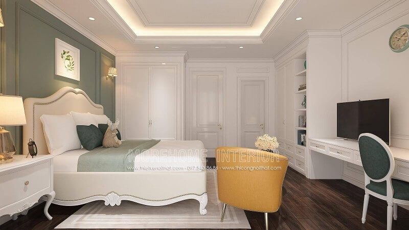 Mẫu tủ quần áo kết hợp kệ trang trí màu trắng đẹp, hiện đại cho phòng ngủ