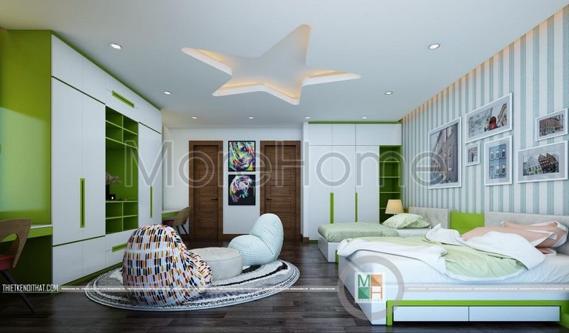 Thiết kế nội thất phòng ngủ cho trẻ với sắc xanh trẻ trung hiện đại, rộng rãi tạo không gian vui chơi của bé