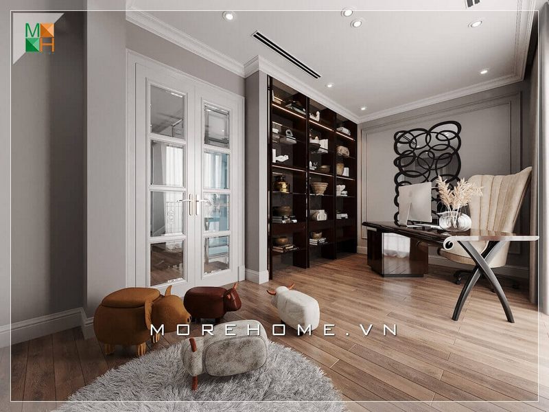Thiết kế nội thất phòng làm việc mang phong cách hiện đại, ấn tượng với những cái ghế bằng sofa hình thú sinh động tạo cảm hứng làm việc cho gia chủ.