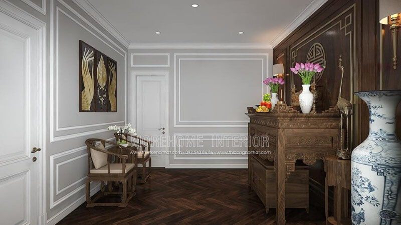Trang trí nội thất phòng thờ hiện đại, đẹp từ tủ thờ, vách cnc, gỗ ốp, sàn, ghế gỗ óc chó cao cấp.
