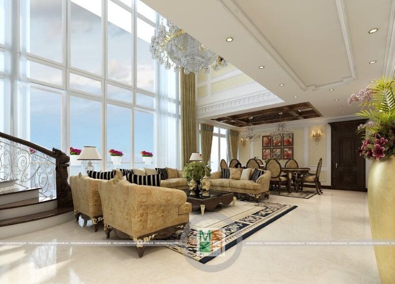 Mẫu thiết kế chung cư cao cấp 3 phòng ngủ sở hữu tông màu chủ đạo vàng kem ánh kim cổ điển, gây ấn tượng mạnh với những nhìn thấy.